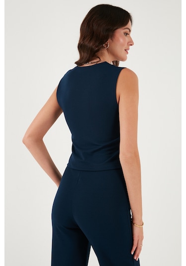 Lela Streç Fitted Fit V Yaka Düğmeli Bayan Yelek 5865971 Lacivert