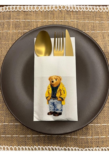 Sarı Ceketli Sevimli Ayı Baskılı Yılbaşı Kanguru Cepli Peçete Beyaz12 Adet