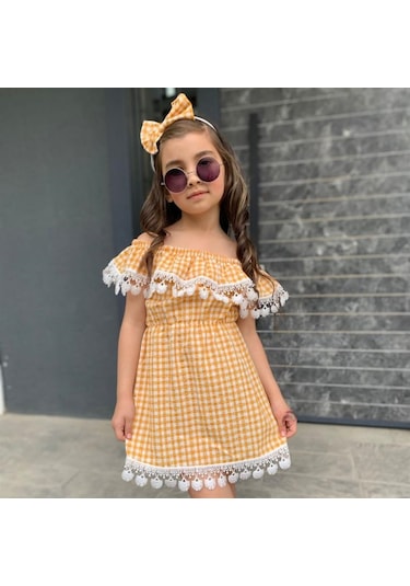 Kız Çocuk Güpürlü Ekose Elbise (554875174) Beyaz - Sarı