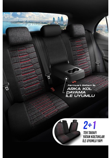 Füme - Kırmızı Panda Bakü Serısı Keten Kumaş Oto Koltuk Kılıfı - Tam Set