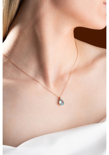 Nereze 925 Ayar Gümüş Rose Aquamarin Damla Tektaş Kolye