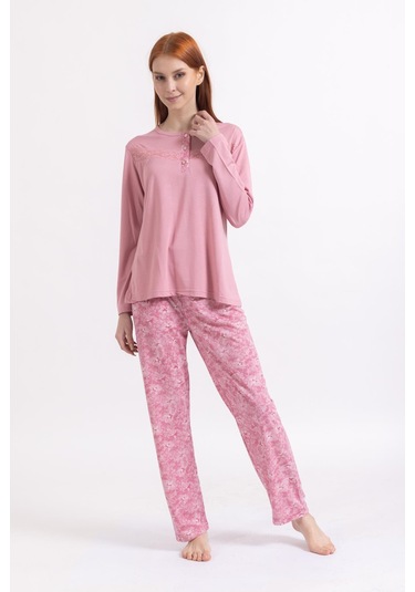 Kadın Dört Mevsim Dantel Desenli Melisa Kumaş Yüksek Kalite Yuvarlak Yaka Pijama Takımı 1361 - Pudra