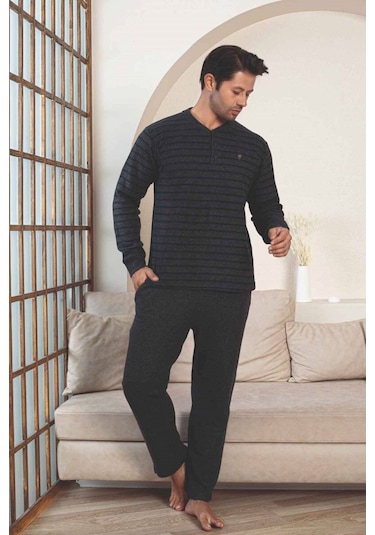 Erkek 3 Düğme Çizgili Kışlık Pamuklu Selanik Kumaş Uzun Manşetli Kol Cepli Pijama Takımı Lacivert-yeşil