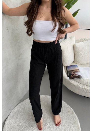 Kadın Siyah Yüksek Bel Fitilli Bol Paça Günlük İnce Eşofman Altı