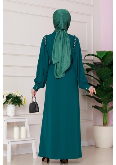 Omuzu Taş Detaylı Rose Elbise-zümrüt Yeşili-4777 Zümrüt Yeşili