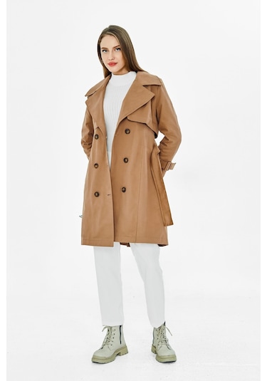 Pastelastore %100 Pamuk Gabardin Midi 95cm Astarlı Kemerli Kadın Trençkot 1113 Bej