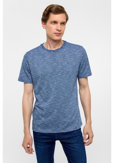 SÜVARİ Saks Mavi Regular Armürlü Bisiklet Yaka Tişört