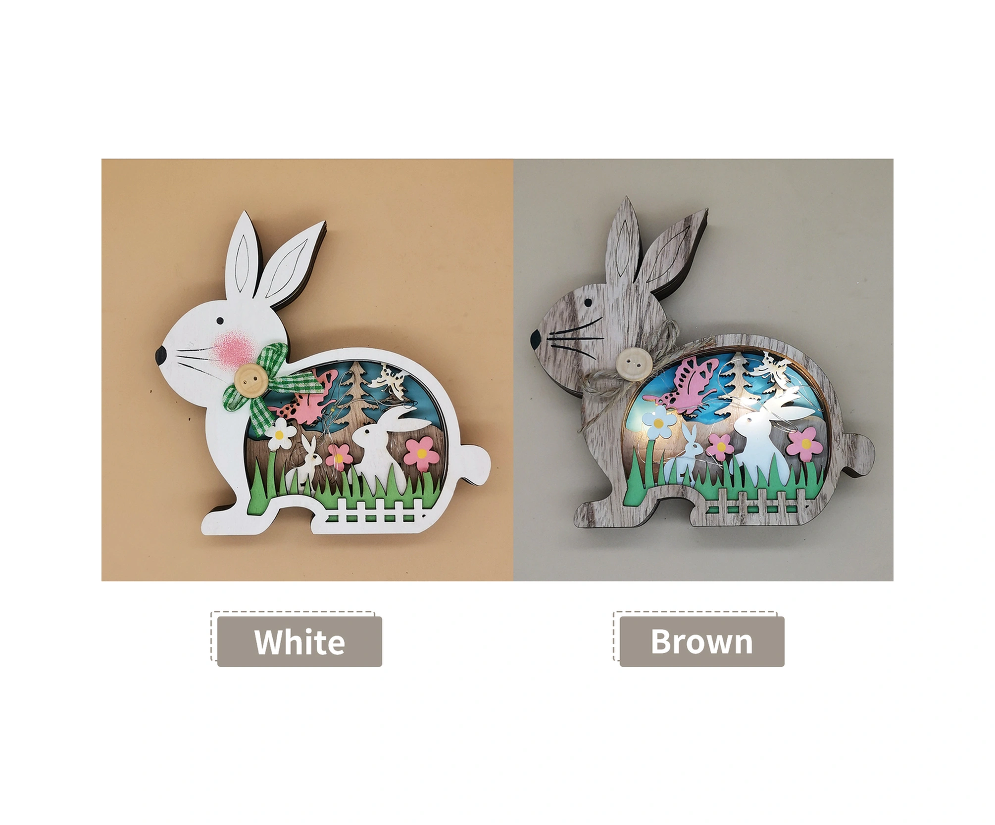 Folinda Led Işıklı Ahşap Paskalya Tavşanı Dekorasyon, Islak Işık Effekti İle Ev/parti/ofis Zenginleştirici 3 Adet Ag10 Pil Dahil