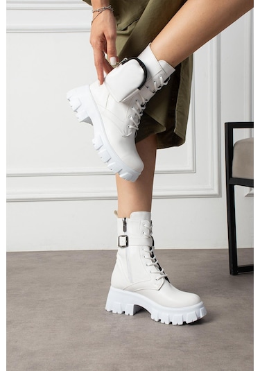 Shoetek Lorbi Kadın Bot Çantalı Postal Beyaz Deri Beyaz