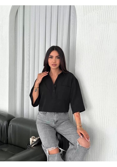 Z Krep Kadın Crop Yakalı Gömlek İlik Düğmeli Üç Çeyrek Sleeve Kol - Siyah Siyah