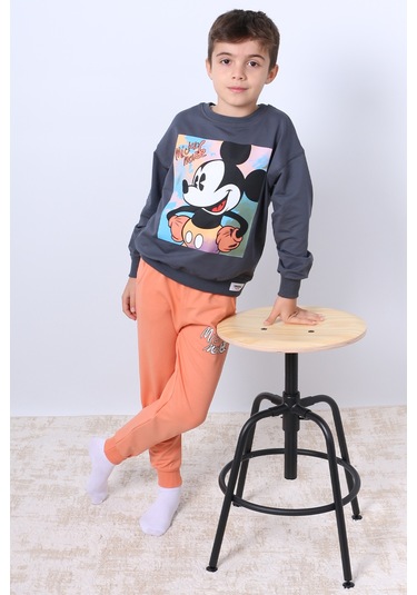 Erkek Çocuk Eşofman Takımı Mickey Mouse Baskılı Ribanalı F4 Turuncu