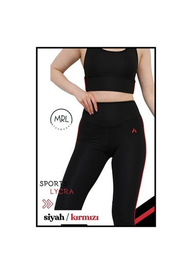 Kadın Yüksek Bel Toparlayıcı Spor Tayt Siyah / Kırmızı Şerit Detaylı Lycralı Dalgıç 1041 Siyah Kırmızı