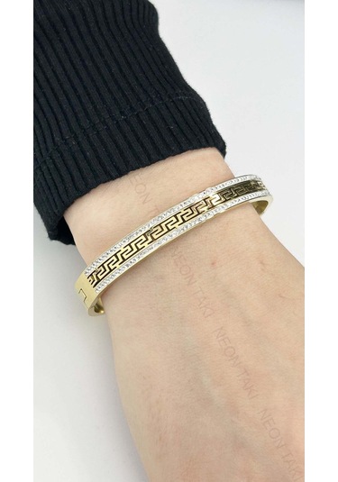 Zirkon Taşlı, Labirent, Paslanmaz Çelik Kelepçe Bileklik 20, Altın Renk Altın