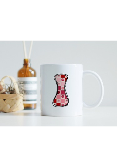 I Harfi Pembe Kareli Kalpli Göz Emojili Kupa Bardak Eğlenceli Kareli Tasarım Kahve Çay Kupası 07 Beyaz