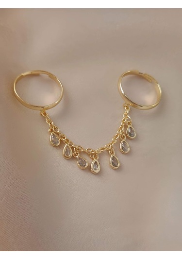 Şahmaran Damla Başak Model Zirkon Taşlı Ayarlanabilir Gold Altın Renkli Yüzük Gold