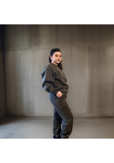 Ceyss Design Unisex Üç İplik Şardonlu Sweatshirt Eşofman Takımı-haki Haki