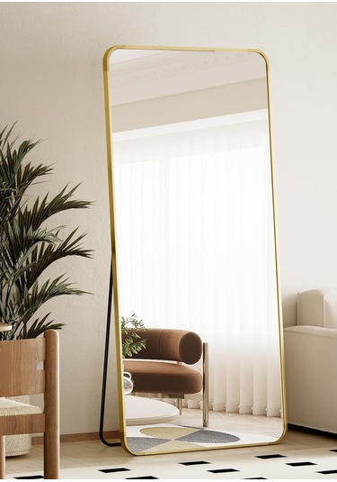 Pera 180x66 Yuvarlak Köşeli Yer Aynası Ayaklı, Asılı, Duvara Yaslı, Yatak Odası, Giyinme Odası Gold