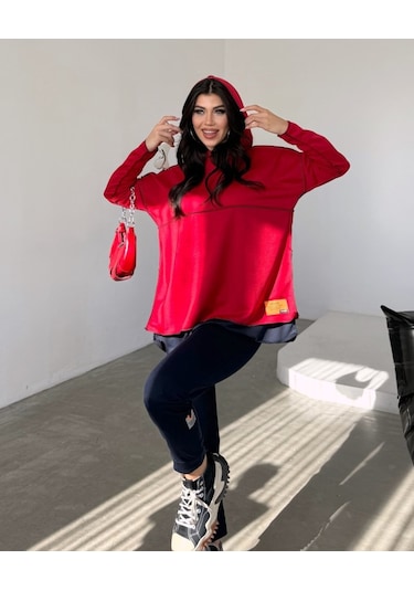 Ge Ticaret Kadın Kırmızı Kapşonlu Etek Ucu Detay Arma Ters Dikiş Gorunumlu Ikili Takım Kırmızı