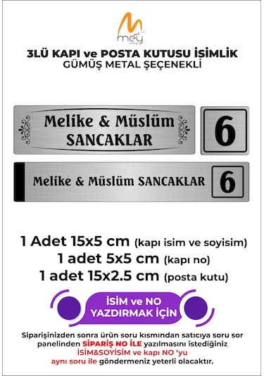 Gümüş Metal Kapı Isimliği Seti 3'lü - Kapı İsimliği Kapı Numarası