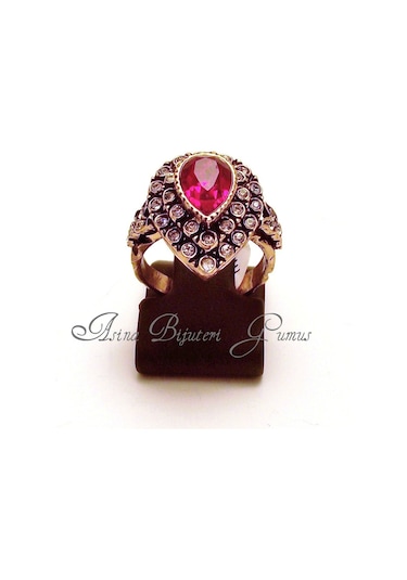 Asinagumus Yakut Kırmızı Damla Elmas Montür Yüzük Sevgiliye Hediye Gümüş