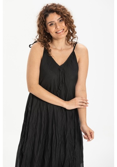 Askılı Vual Afrodit Midi Boy Elbise Siyah 6051 - Kadın Siyah