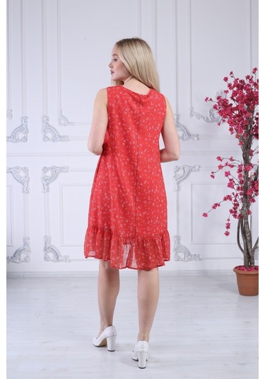 Kadın Büzgü Detaylı V Yaka Midi Boy Emprime Çiçekli Şifon Elbise 001