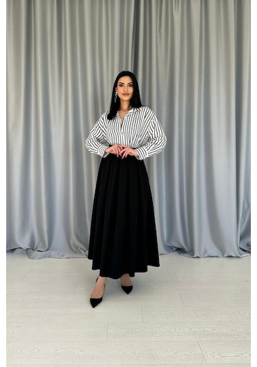 Siyah Uzun Pileli Etek Siyah