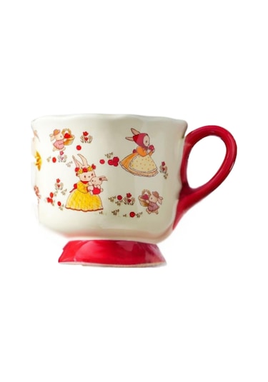 Sevimli Tavşan Karikatür Desenli Seramik Kupa 1982 Kırmızı