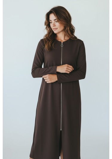 Kadın Önü Fermuarlı Kolu Manşetli Gizli Cepli Mevsimlik Kap Kahverengi