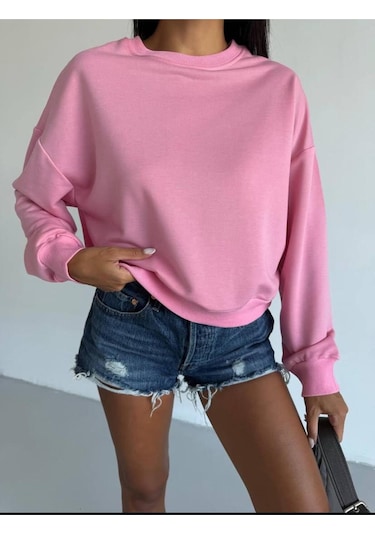Esa35takı Kadın Bisiklet Yaka Sweatshirt Pembe