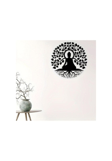 Homyl Buda Ağacı Metal Duvar Sanat Siyah Din Dekoru Zen Dekor 40-cm