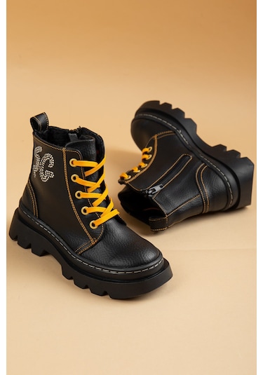 ŞirinGenç Ortopedik Bağlı Fermuarlı Deri Sarı Kız Çocuk Bot-2132 Sarı