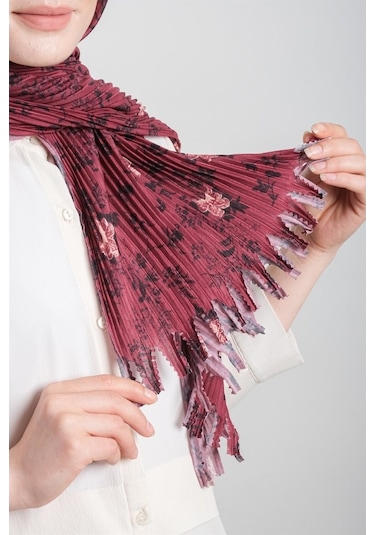 Bordo Pratik Hazır Geçmeli Tesettür Eşarp Kesik Elyaf Piliseli Çi (553630009) Bordo