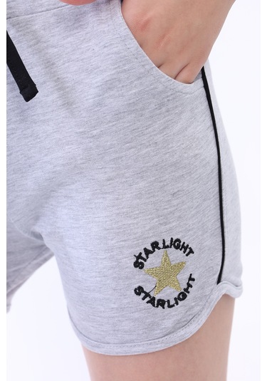Toontoy Kız Çocuk Yıldız Arma Nakışlı Şort Gri Melanj
