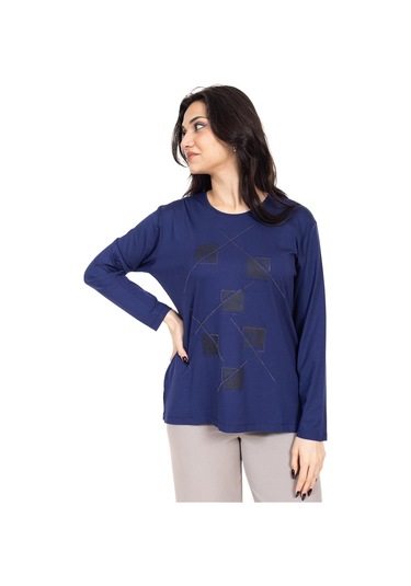 Yeni Sezon Kadın Orta Yaş Ve Üzeri Viskoz Lazer Baskı İşlemeli Lüks Anne Penye Bluz 23350-indigo İndigo