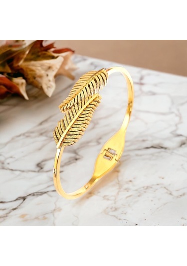Zarif Yaprak Figürlü Gold Çelik Kelepçe Bileklik - Antialerjik Ve Kararmaz Altın
