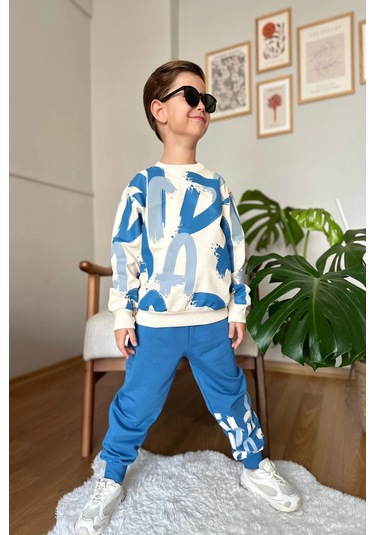 Harf Desenli Mavi Renk Erkek Çocuk Eşofman Takım Mavi