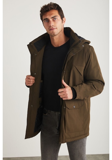 Gerardo Erkek Çok Kalın Su Ve Rüzgar Geçirmez Içi Astarlı Kapşonlu Outdoor Dış Giyim Haki Mont