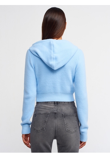 Dilvin Yumuşak Dokulu Kapşonlu Crop Kazak Mavi