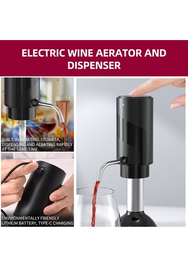 Xiyyadms "şarap Açacağı 4'lü Set: Usb Şarjlı Otomatik Şişe Açacağı, Dekantör, Vakumlu Tıpa Ve Folyo Kesici - Hediye" Siyah