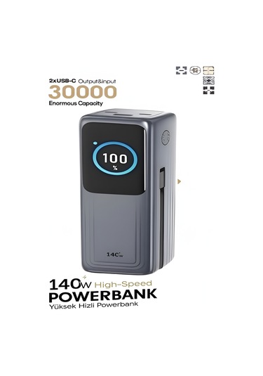 30000mah 140w Hızlı Şarjlı Tft Ekranlı Kendinden Type-c Kablolu 2type-c 1usb Girişli Powerbank siyah
