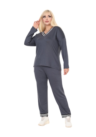 Melsay Butik Antrasit V Yaka Yakası Şerit Detaylı Eşofman Takımı Antrasit