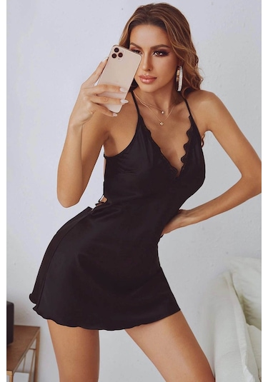 Merry See Sırt Dekolteli Dantel İşlemeli Saten Gecelik İç Giyim Siyah