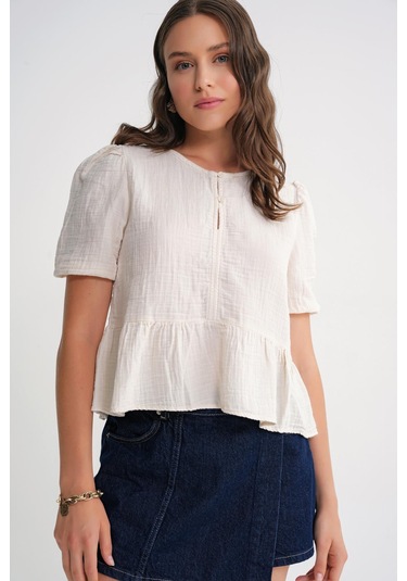 4713 Kadın Beli Büzgülü Kolu Lastikli Bol Müslin Bluz Naturel Naturel