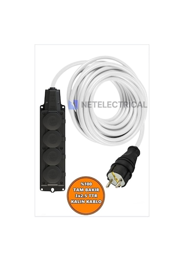 Kauçuk 4'lü Topraklı Grup Priz Uzatma Kablosu 25 Metre 3x2.5 Mm² Ttr Kalın Beyaz Kablolu 25 Metre