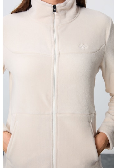 Tommy Life Bej Kalın Yumuşak Dokulu Dik Yaka Oversize Nakışlı Polar Kadın Eşofman Takım -95339 Bej