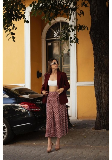 Kadın Desenli Yırtmaçlı Etek Frn4053 Bordo