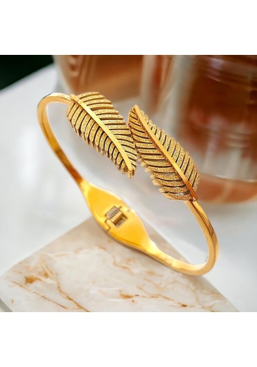 Zarif Yaprak Figürlü Gold Çelik Kelepçe Bileklik - Antialerjik Ve Kararmaz Altın