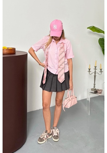 Jee Lee Kadın Kısa Kollu Pamuklu Basic Gömlek Pembe - 26y 2127 Pembe