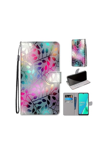 Oppo A5 2020 Boyalı Kapaklı Manyetik Kapatma Vitray Kılıf Çok Renkli